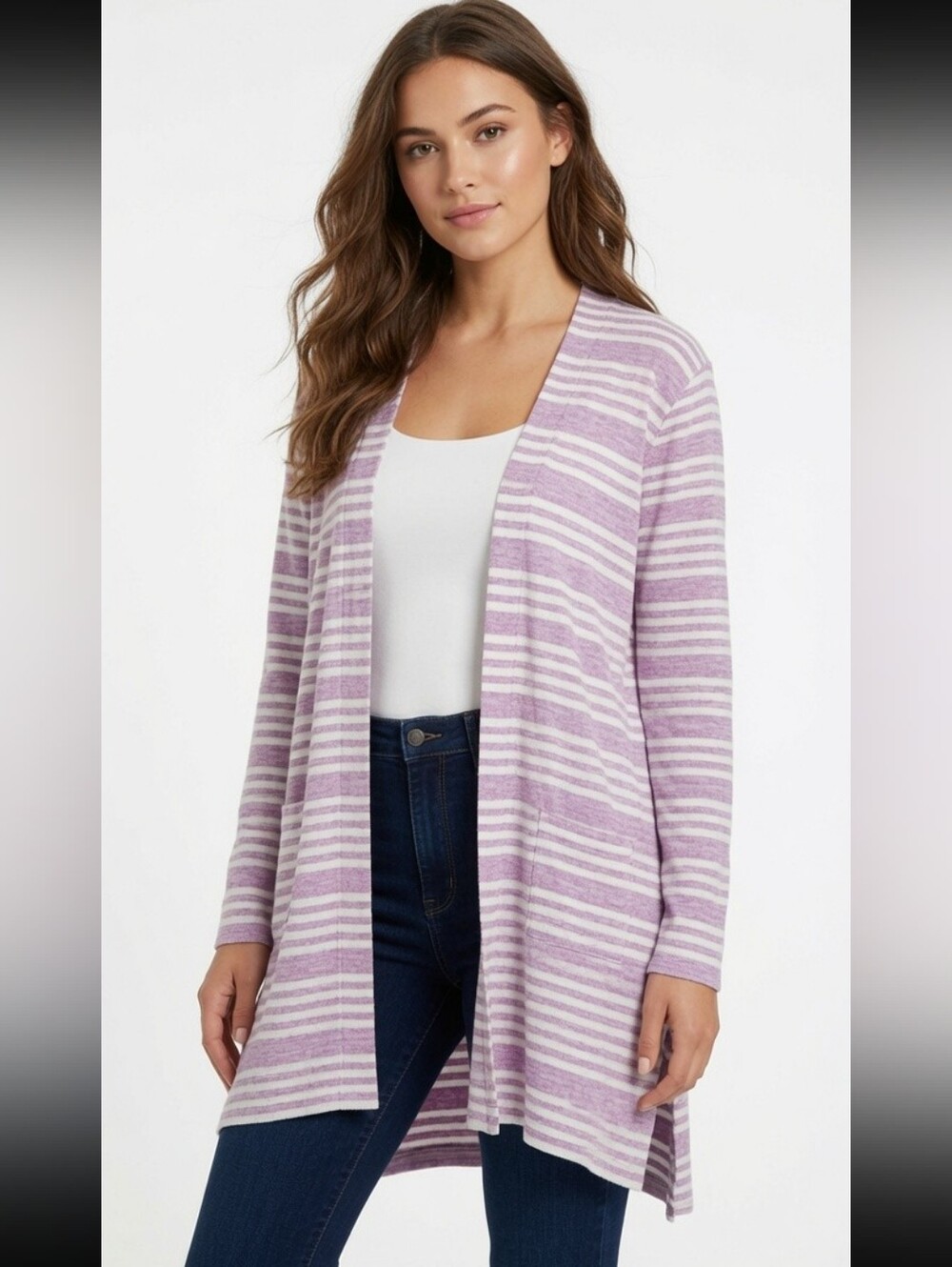 T by Talbots Womens XL Purple White Striped Open Front Cardigan Longline Sweater